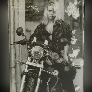 #H2 Blonde Woman on Motorcycle In Leather Jacket Wall Hanging Wooden Picture